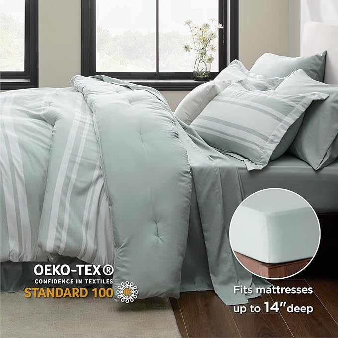 Bedsure Bed in a Bag King Size 7 Pieces, Sage Green White Striped Bedding Comforter Sets All Season Bed Set, 2 Pillow Shams, Flat Sheet, Fitted Sheet and 2 Pillowcases - LeafyLoom