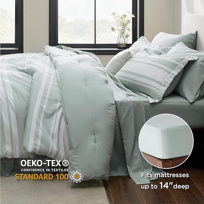 Bedsure Bed in a Bag Full Size 7 Pieces, Sage Green White Striped Bedding Comforter Sets All Season Bed Set, 2 Pillow Shams, Flat Sheet, Fitted Sheet and 2 Pillowcases - LeafyLoom