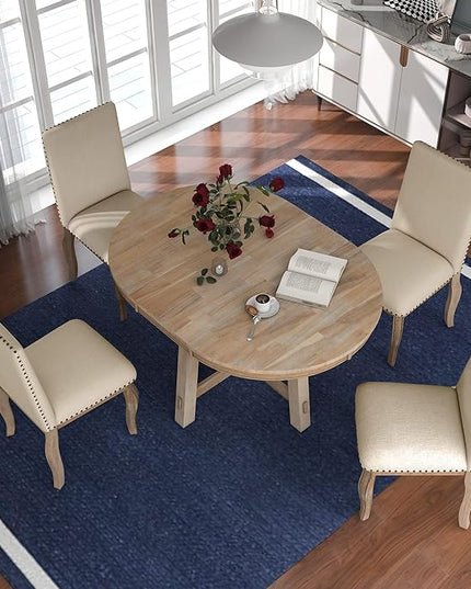 5 Piece Farmhouse Wooden Round Extendable Dining Table Set with 4 Upholstered Chairs for Kitchen Room, Natural Wood Wash 1 - LeafyLoom