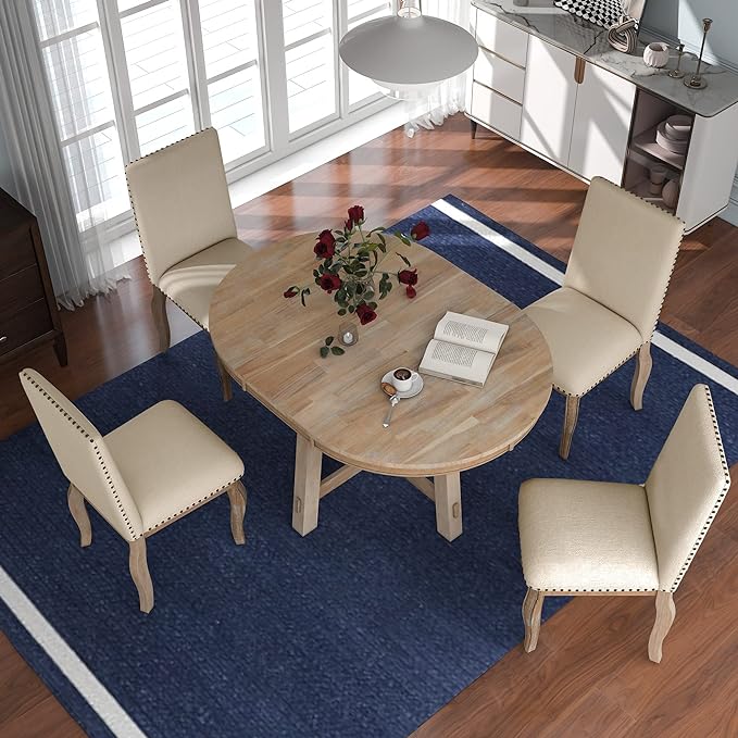 5 Piece Farmhouse Wooden Round Extendable Dining Table Set with 4 Upholstered Chairs for Kitchen Room, Natural Wood Wash 1 - LeafyLoom