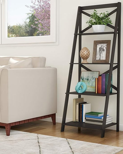 Lavish Home 4-Tier Ladder Bookshelf Set – Set of 2 Free Standing Wooden Living Room Shelves – Decorative Bookcases for Home and Office (Black) - LeafyLoom