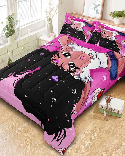 African American Black Girl Comforter Set, Twin Size Bedding Set for girls, Pink Black Girls Bedroom Decor Bed Set, Princess Bedding Set with 1 Comforter and 2 Pillow Cases - LeafyLoom