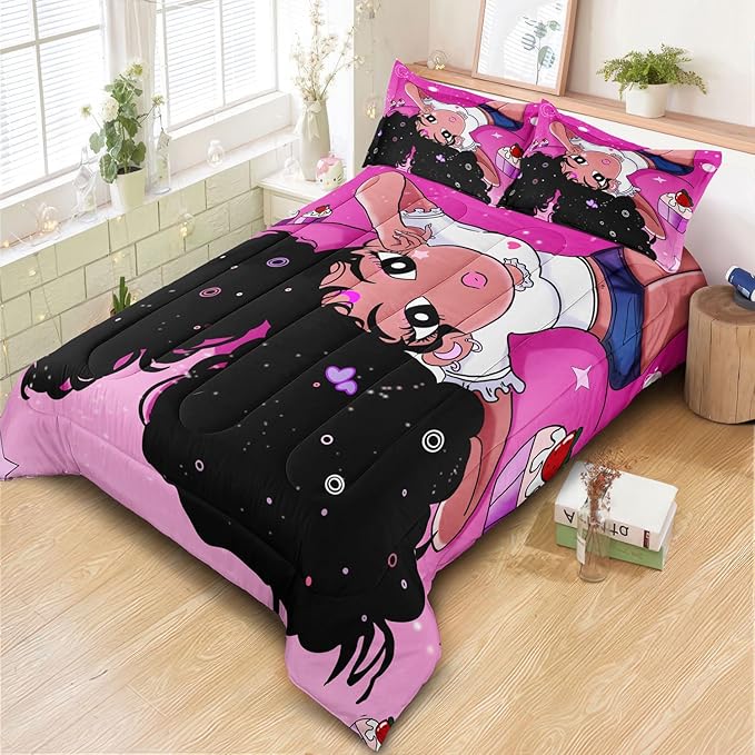 African American Black Girl Comforter Set, Twin Size Bedding Set for girls, Pink Black Girls Bedroom Decor Bed Set, Princess Bedding Set with 1 Comforter and 2 Pillow Cases - LeafyLoom