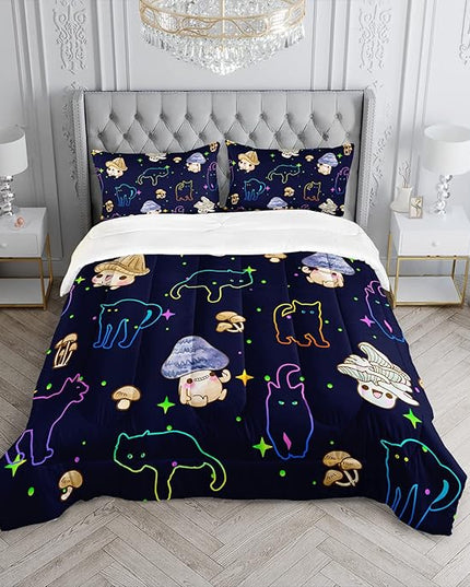 Mushroom Kawaii Cat Comforter Set Queen Size Kids Mushroom Bedding Set Star Theme Quilt Bed Set for Boys Girls Adults with 1 Comforter and 2 Pillowcases - LeafyLoom
