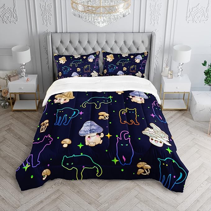 Mushroom Kawaii Cat Comforter Set Queen Size Kids Mushroom Bedding Set Star Theme Quilt Bed Set for Boys Girls Adults with 1 Comforter and 2 Pillowcases - LeafyLoom