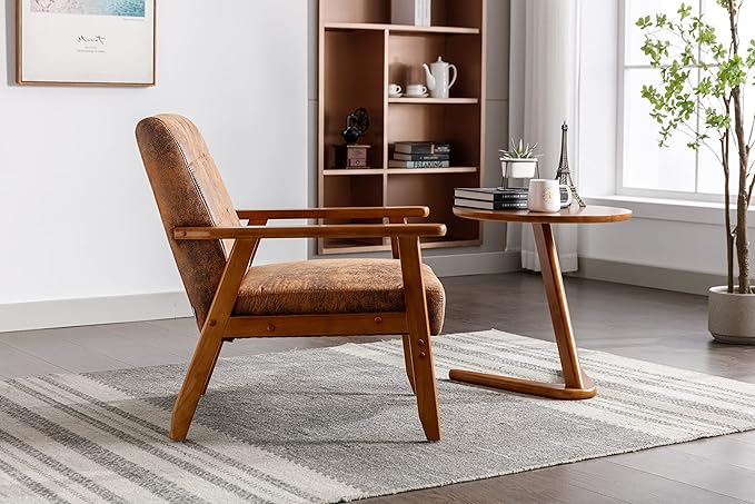 Mid-Century Accent, Modern Single Armchair, Upholstered Leisure Lounge Chair wth Solid Wood Armrest and Feet for Living Room, Bedroom, Office, Coffee - LeafyLoom