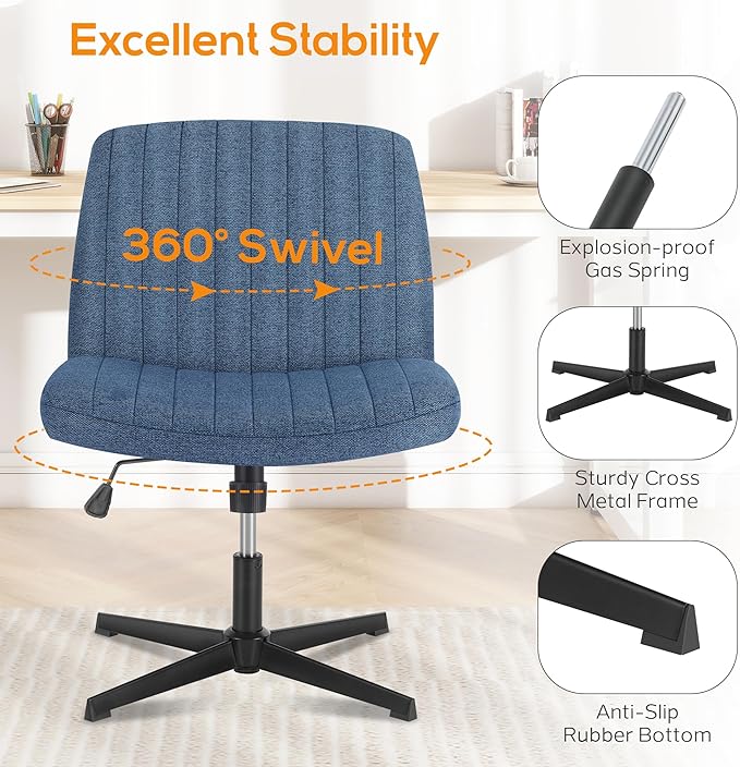Criss Cross Chair, Cross Legged Office Chair, Wide Comfty Desk Chair, No Wheels Armless Computer Task Chair, Swivel Vanity Home Chair, Height Adjustable - LeafyLoom