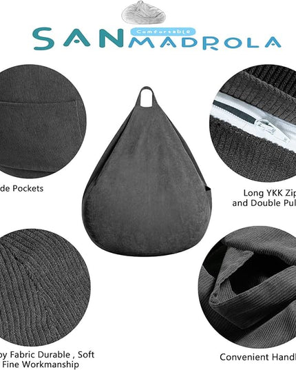 Stuffed Animal Storage Bean Bag Chair Cover (No Filler)for Kids and Adults. Premium Corduroy Stuffable Beanbag for Organizing Children Plush Toys or Memory Foam Extra Large 300L (Dark Grey) - LeafyLoom