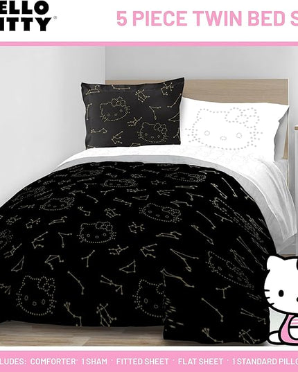 Jay Franco Hello Kitty Stars Twin Comforter Set - 5 Piece Bedding includes Sheet Set & Pillow Covers - Super Soft Zodiac Black & Gold Bedding - LeafyLoom