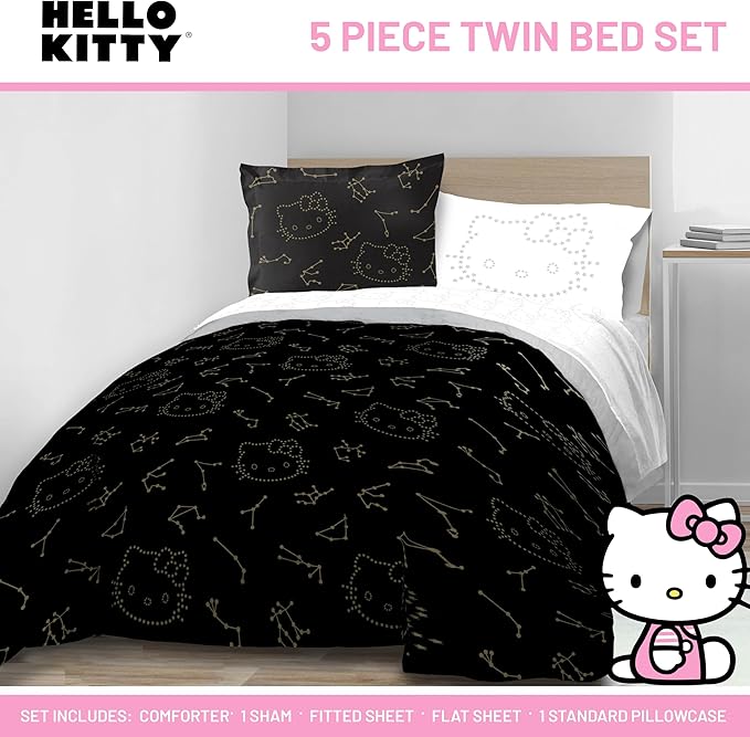 Jay Franco Hello Kitty Stars Twin Comforter Set - 5 Piece Bedding includes Sheet Set & Pillow Covers - Super Soft Zodiac Black & Gold Bedding - LeafyLoom