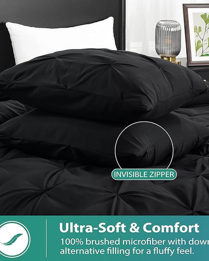 downluxe Pintuck Queen Comforter Set with 2 Pillow Shams - 3-Piece - Black Queen Bed Comforter Set for All Seasons, Pinch Pleat Microfiber Down Alternative Bedding Comforter Sets - LeafyLoom