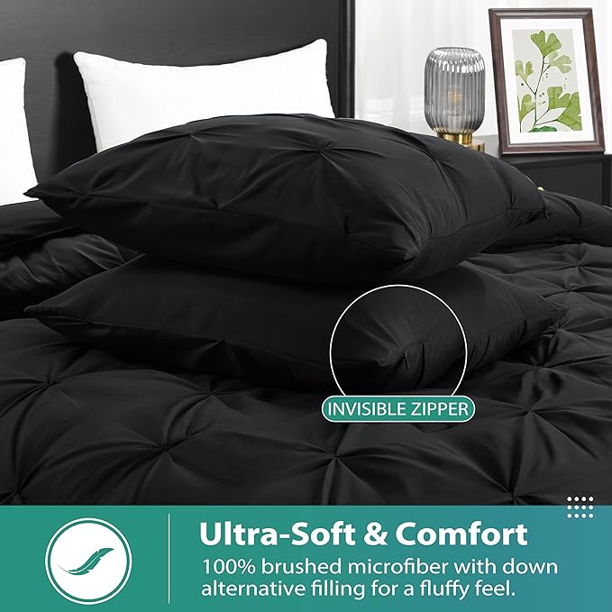 downluxe Pintuck Queen Comforter Set with 2 Pillow Shams - 3-Piece - Black Queen Bed Comforter Set for All Seasons, Pinch Pleat Microfiber Down Alternative Bedding Comforter Sets - LeafyLoom