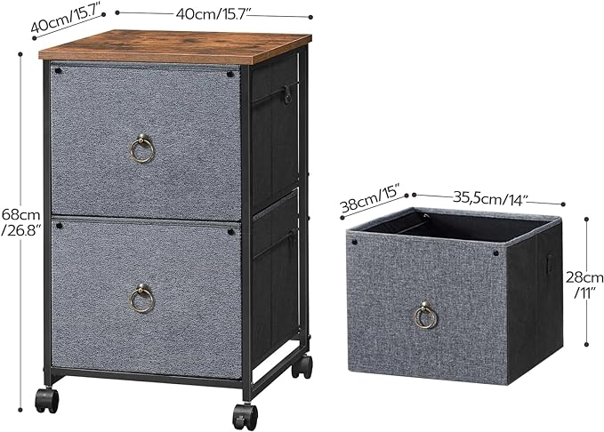 HOOBRO 2 Drawer Mobile File Cabinet, Rolling Printer Stand, Vertical Filing Cabinet, Office Cabinet, Filing Cabinet for Home Office, A4/Letter Size, Nonwovens Drawer, Rustic Brown and Gray BFG20WJ01 - LeafyLoom