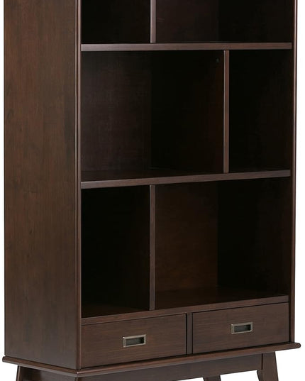 SIMPLIHOME Draper SOLID HARDWOOD 35 Inch Mid Century Modern Wide Bookcase and Storage Unit in Medium Auburn Brown, For the Living Room, Study Room and Office - LeafyLoom
