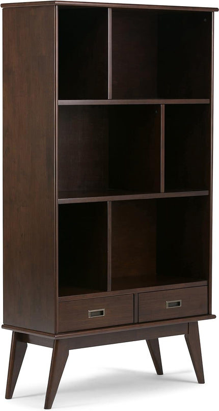 SIMPLIHOME Draper SOLID HARDWOOD 35 Inch Mid Century Modern Wide Bookcase and Storage Unit in Medium Auburn Brown, For the Living Room, Study Room and Office - LeafyLoom