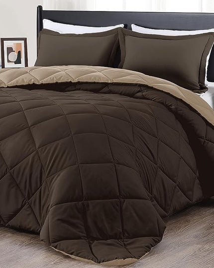 downluxe Queen Comforter Set - Brown and Tan Queen Comforter, Soft Bedding Sets for All Seasons -3 Pieces - 1 Comforter (88"x92") and 2 Pillow Shams(20"x26") - LeafyLoom