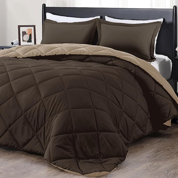 downluxe Queen Comforter Set - Brown and Tan Queen Comforter, Soft Bedding Sets for All Seasons -3 Pieces - 1 Comforter (88"x92") and 2 Pillow Shams(20"x26") - LeafyLoom