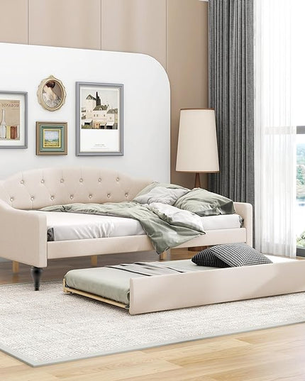 Full Size Upholstered Daybed with Trundle Bed Twin,Linen Sofa-Bed W/Button Tufted Back & Nailhead Decorated Waved Shape Arms,Slat Support,Bedframe for Bedroom Livingroom Small Space,Beige - LeafyLoom