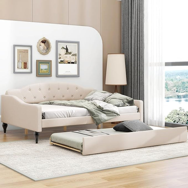 Full Size Upholstered Daybed with Trundle Bed Twin,Linen Sofa-Bed W/Button Tufted Back & Nailhead Decorated Waved Shape Arms,Slat Support,Bedframe for Bedroom Livingroom Small Space,Beige - LeafyLoom