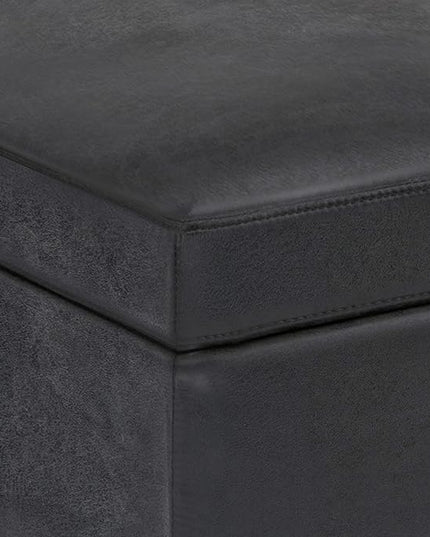 SIMPLIHOME Owen 36 inch Wide Rectangle Small Rectangular Storage Ottoman in Distressed Black Faux Leather, for the Living Room, Family Room and Entryway - LeafyLoom