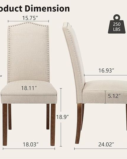 Stylish Upholstered Parsons Nailhead Trim and Sturdy Solid Wood Legs Dining Chairs, Set of 2, Cream - LeafyLoom