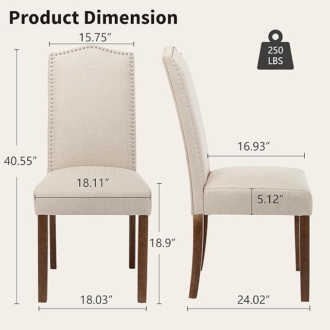 Stylish Upholstered Parsons Nailhead Trim and Sturdy Solid Wood Legs Dining Chairs, Set of 4, Cream - LeafyLoom