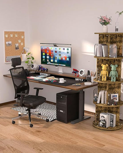 VECELO 4 Tier Revolving Bookshelf Tower, 360° Display Floor Standing Storage Rack with Acrylic Visible Window Partition for Bedroom, Living Room Home and Office, Brown - LeafyLoom