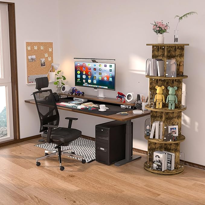 VECELO 4 Tier Revolving Bookshelf Tower, 360° Display Floor Standing Storage Rack with Acrylic Visible Window Partition for Bedroom, Living Room Home and Office, Brown - LeafyLoom