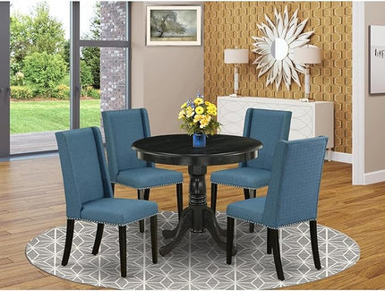 East West Furniture Antique 5 Piece Dinette Set for 4 includes a Round Kitchen Table with Pedestal and 4 Blue Linen Fabric Parsons Dining Chairs, 36x36 Inch, ANFL5-ABK-21 - LeafyLoom