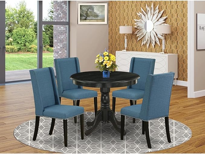 East West Furniture Antique 5 Piece Dinette Set for 4 includes a Round Kitchen Table with Pedestal and 4 Blue Linen Fabric Parsons Dining Chairs, 36x36 Inch, ANFL5-ABK-21 - LeafyLoom