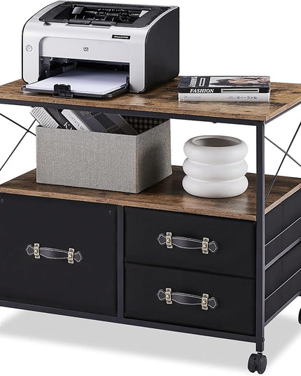 VECELO 3 Drawer Lateral File Cabinet Rolling Printer Stand with Open Storage Shelf, Fits A4 Or Letter Size, with Lockable Casters, Leather Handle, Ideal for Small Spaces, Brown+Black - LeafyLoom