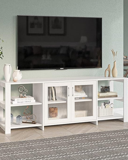 Panana TV Stand Television Stands Cabinet with 2 Doors 4 Open Cubby Storage Cabinets for Living Room Bedroom for TVs up to 70 Inches (White, 62.99 inch) - LeafyLoom