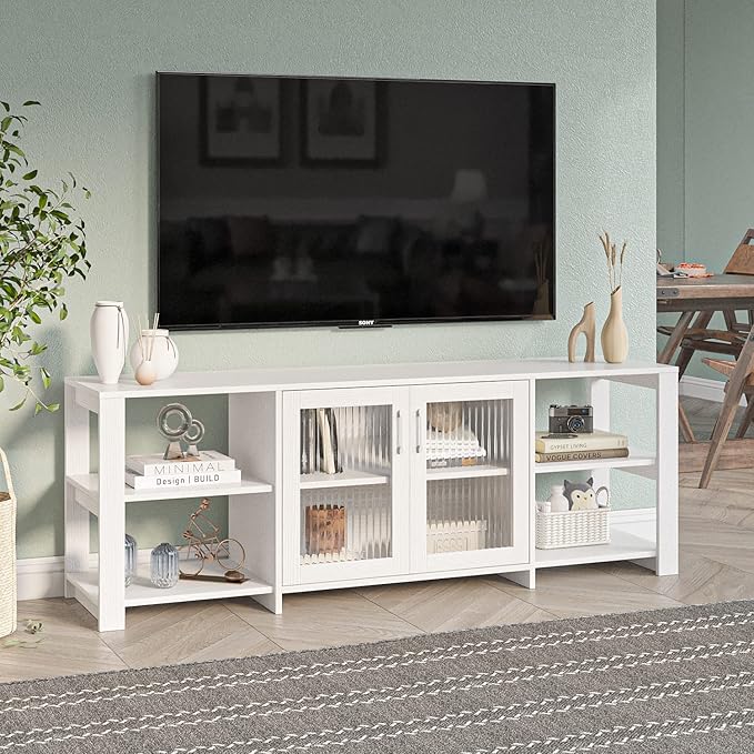 Panana TV Stand Television Stands Cabinet with 2 Doors 4 Open Cubby Storage Cabinets for Living Room Bedroom for TVs up to 70 Inches (White, 62.99 inch) - LeafyLoom