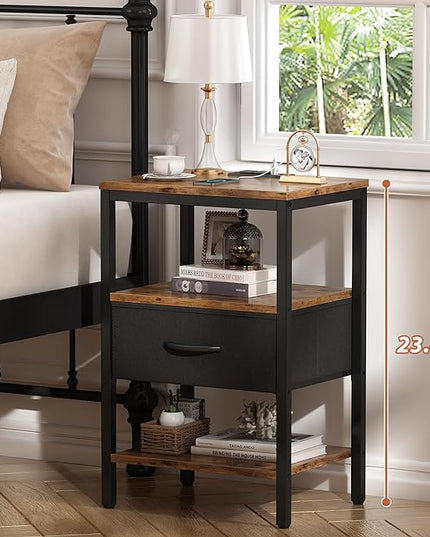 SUPERJARE Nightstand Set of 2, Bed Side Tables with Charging Station, Adjustable Fabric Drawer, Night Stand for Bedroom, 3-Tier Storage End Tables, for Living Room, Rustic Brown and Black - LeafyLoom