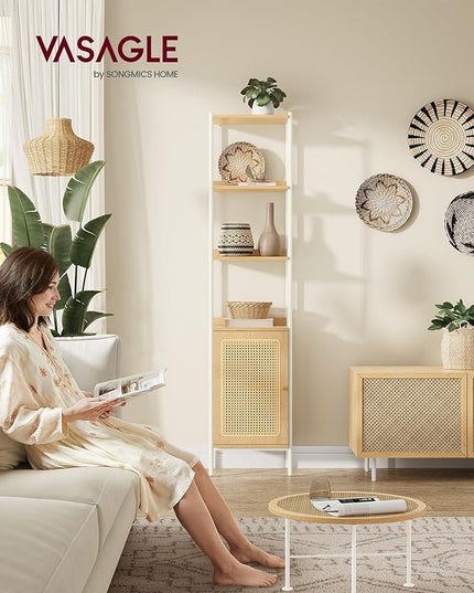 VASAGLE 6-Tier Bookcase, Bookshelf with Rattan-Like Door, Boho Style, Freestanding 15.7-Inch Wide Storage Shelf, Metal Frame, Adjustable Shelf, for Living Room, Oak Beige and Pearl White ULLS122W57 - LeafyLoom