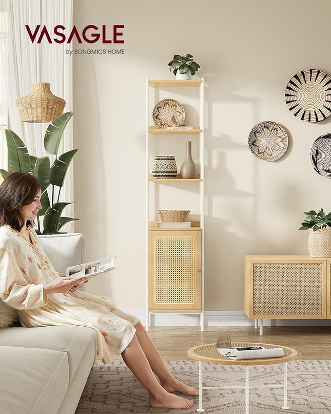 VASAGLE 6-Tier Bookcase, Bookshelf with Rattan-Like Door, Boho Style, Freestanding 15.7-Inch Wide Storage Shelf, Metal Frame, Adjustable Shelf, for Living Room, Oak Beige and Pearl White ULLS122W57 - LeafyLoom