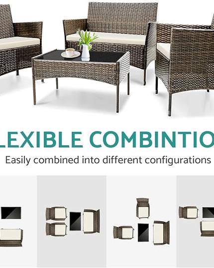 Patio Furniture, 4 Piece Conversation Set, Outdoor Wicker Rattan Table and Chairs, Sectional Sofa with Thick Cushion for Garden, Yard, or Porch, Brown - LeafyLoom