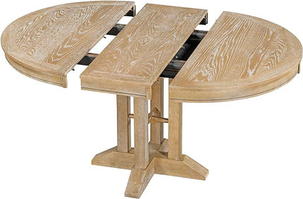 5-Piece Farmhouse Wood Dining Set with Extendable Round Table and 4 Upholstered Chairs for Kitchen, Breakfast Nook, Living Room, Natural, 42"-56" L x 42" W x 30" H - LeafyLoom