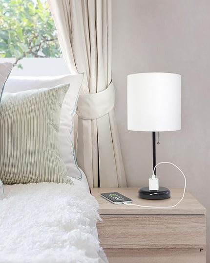 Simple Designs LT1144-BAW Sleek and Slender Black Table Lamp with Charging Outlet, for Bedroom, Living Room, Entryway, Office, Dining Room, Study, White Shade - LeafyLoom