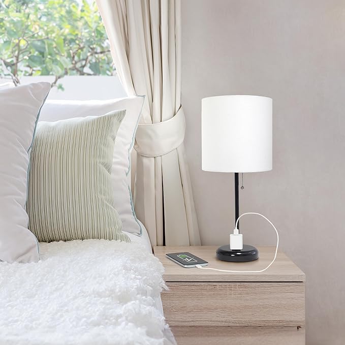 Simple Designs LT1144-BAW Sleek and Slender Black Table Lamp with Charging Outlet, for Bedroom, Living Room, Entryway, Office, Dining Room, Study, White Shade - LeafyLoom