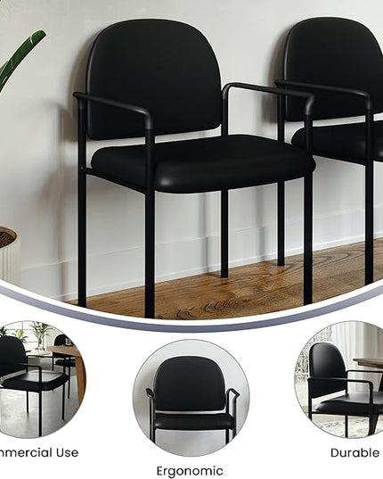 Flash Furniture Tiffany Side Reception Chair with Padded Armrests, Stackable Vinyl Waiting Room Chair for Commercial or Residential Use, Black - LeafyLoom