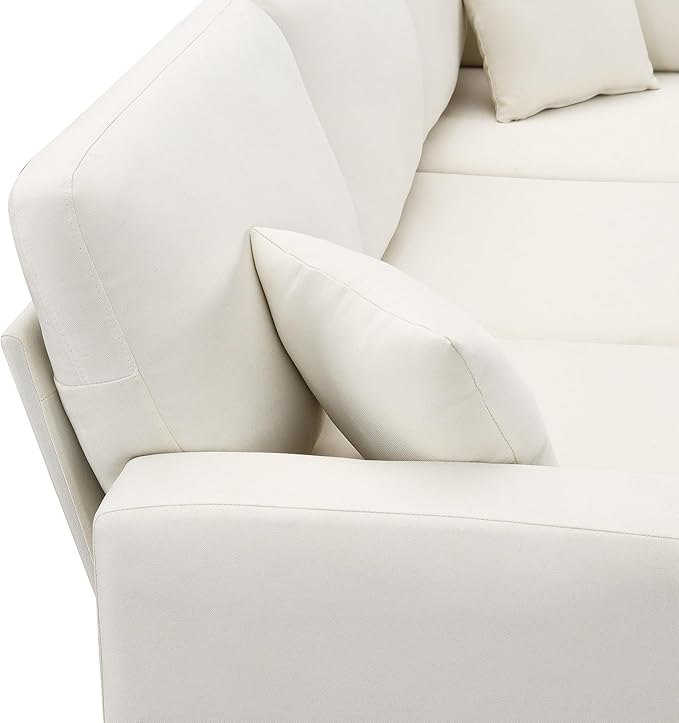 90" Modular Sectional Sofa with Convertible Ottoman, 5 Seats L-Shape Reversible Solid Corner Sofa with 2 Pillows, Linen Modern Sleeper Couch for Living Room, Apartment, Office (Cream White) - LeafyLoom