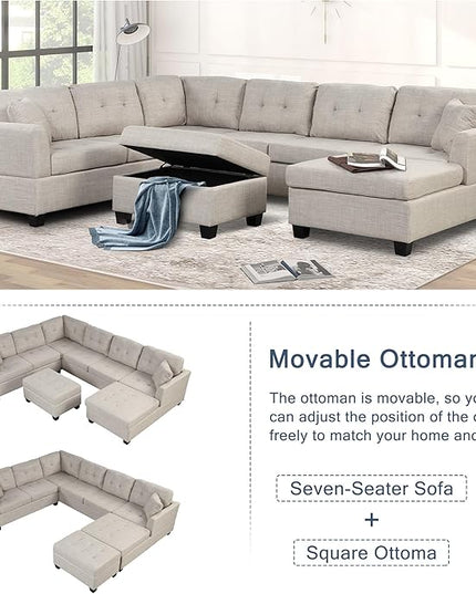 121.3" Modern Oversized U-Shape Sectional Sofa with Right Side Chaise & Storage Ottoman, Linen Upholstered Couch w/ 2 Throw Pillows, for Large Space, Living Room, Apartment, 121.3 Inch, Beige - LeafyLoom