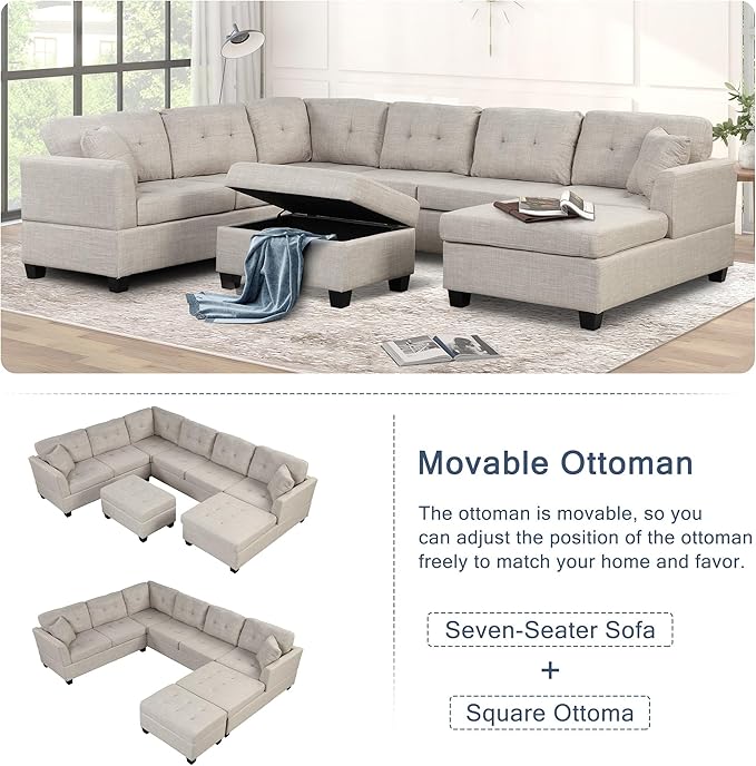 121.3" Modern Oversized U-Shape Sectional Sofa with Right Side Chaise & Storage Ottoman, Linen Upholstered Couch w/ 2 Throw Pillows, for Large Space, Living Room, Apartment, 121.3 Inch, Beige - LeafyLoom