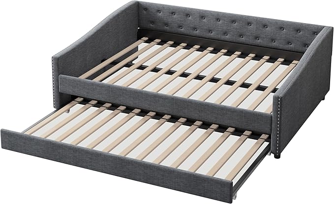 Full Size Upholstered Daybed with Twin-Size Trundle,Elegant Wood Bed Frame w/Button Tufted Back and Waved Shape Arms & Nailhead,Slat Support,Sofa Bed for Apartment,Bedroom,Dark Grey - LeafyLoom