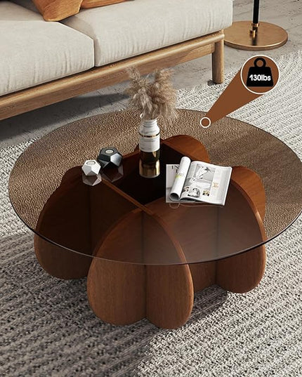 Modern Round Coffee Table with Solid Wood Legs, 31.5'' Glass Coffee Tables for Living Room Rustic Circle Center Cocktail Table with Tempered Glass-Top, Unique Accent Table for Small Spaces - LeafyLoom