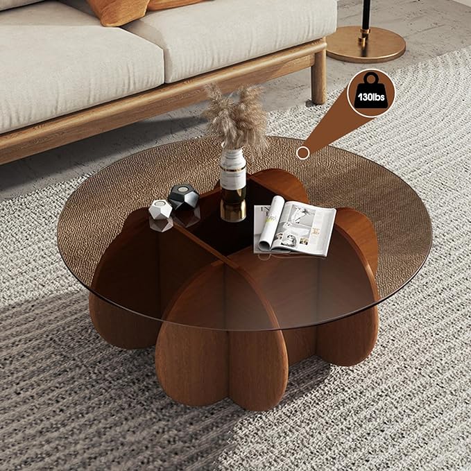 Modern Round Coffee Table with Solid Wood Legs, 31.5'' Glass Coffee Tables for Living Room Rustic Circle Center Cocktail Table with Tempered Glass-Top, Unique Accent Table for Small Spaces - LeafyLoom