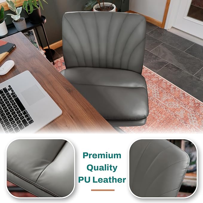 Criss Cross Chair with Wheels - Cross Legged Office Chair, Wide Armless Desk Chair Comfy Swivel Vanity Chair for Home Office, PU Leather - Grey - LeafyLoom