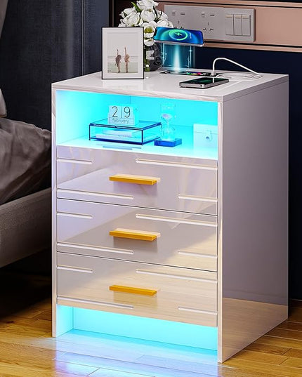 HNEBC RGB LED Nightstand with Wireless Charging Station, Smart Night Stand with Motion Sensor Lights, High Gloss White Nightstand with 3 Drawers for Bedroom, Modern Bedside Tables (A White) - LeafyLoom