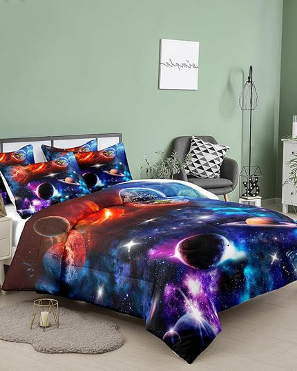 NINENINE Space Bedding Set Full Size for Girls Boys Kids,Purple Galaxy Comforter Set Outer Space Earth Planets Stars Theme Solar Galaxy Bedding System Bed Set with 1 Space Comforter 2 Pillowcases… - LeafyLoom